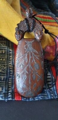 Old Tibetan Carved Wooden Emlet Necklace with Silver Inlaid …beautiful collectio