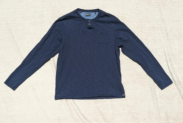Buffalo Men Long Sleeve Thermal Henley Logo Blue 2 Button Designer- XL