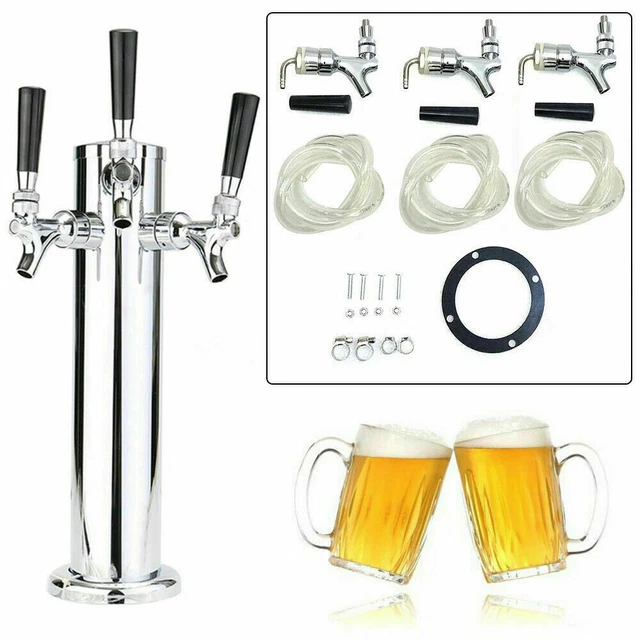 3 Tap Triple Faucet Draft Beer Tower Stainless Steel Homebrew Kegerator Party