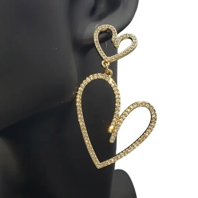 NIB House Of Harlow 1960 Gold Tone Double Heart Glass Stones Dangle Earrings