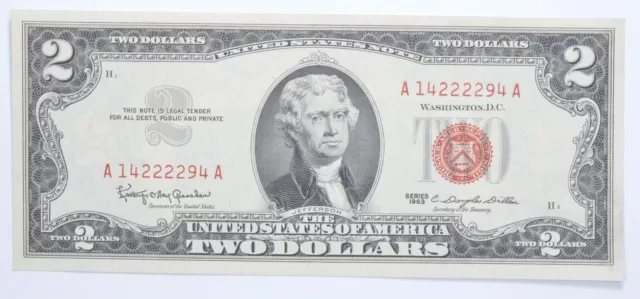 1963 $2 Two Dollar US Red Seal Jefferson Note Bill US Currency Crisp UNC *0554