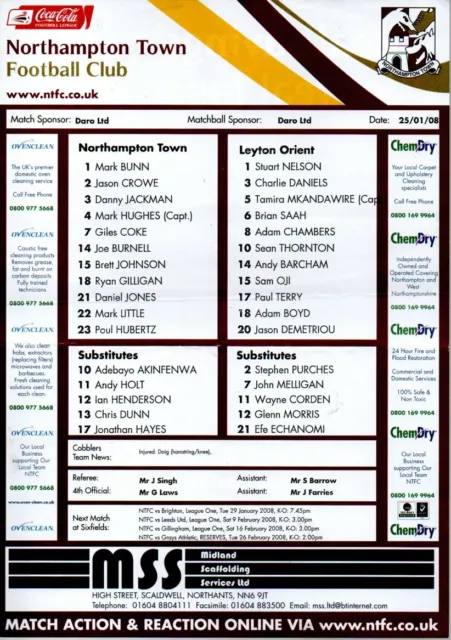 Team Sheet - Northampton Town v Leyton Orient 25.1.2008