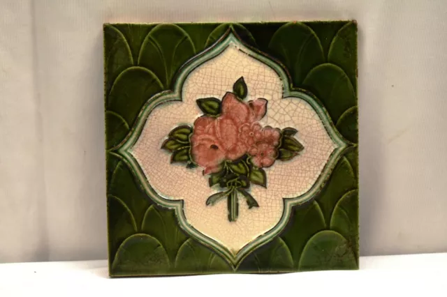 Antique Tile Art Nouveau Majolica Ceramic Porcelain Majolica Rose Flower Green"2