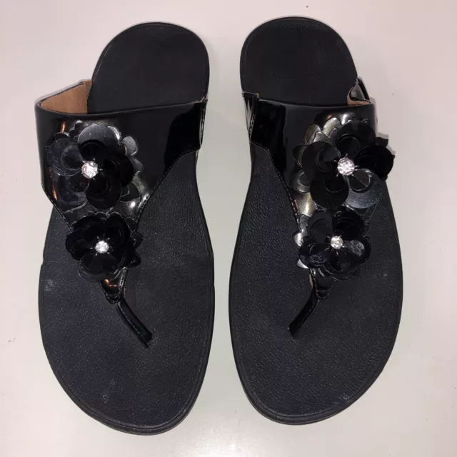 FitFlop Lulu Flower Rhinestone Black Patent Thong Flip Flop Sandal 10