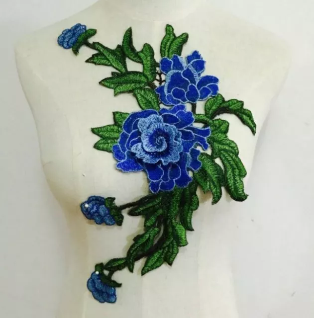 Large Blue Green Embroidered 3D Applique Flower Patch Sew On DIY Rose Leaf Vine