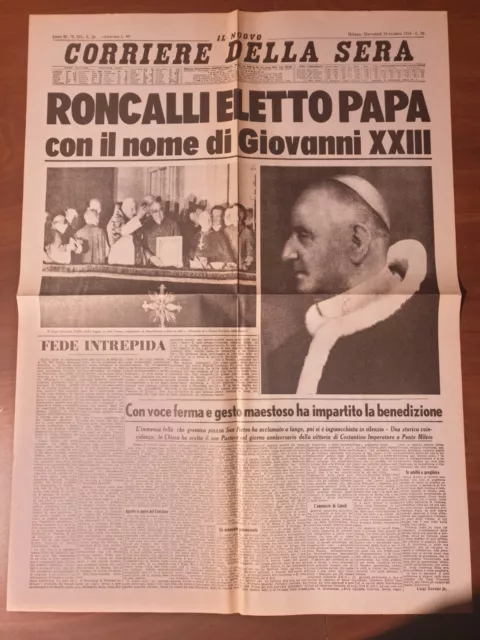 Giornale Corriere della Sera 29 Ottobre 1958 Roncalli eletto Papa Giovanni XXIII