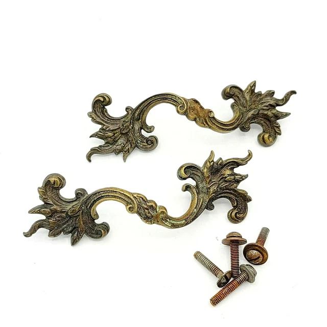 Vintage Ornate Brass Drawer Pulls Salvage Hardware 2 7/16" PAIR w/ screws