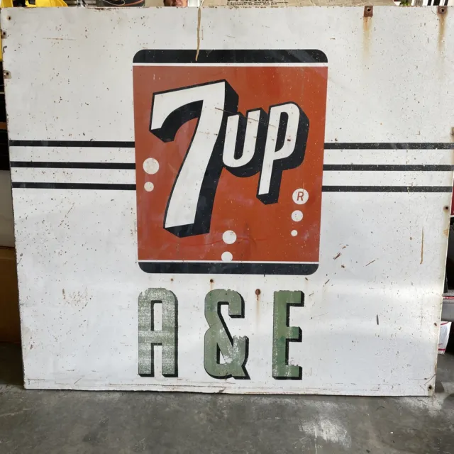 Vintage 1950’s  7-UP 45”x40” Metal Soda Cola Sign Advertising Convenience Store