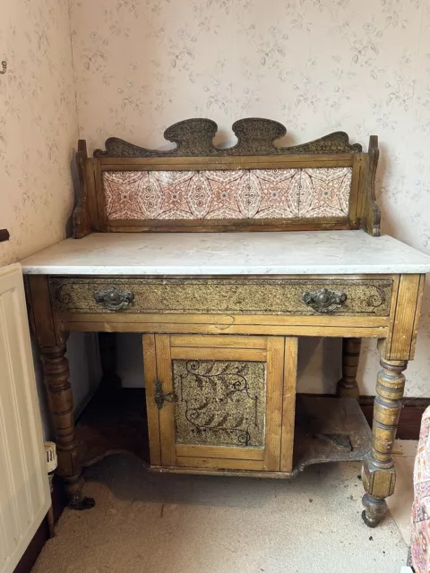 Antique Victorian painted wood wash stand with marble top cupboard & drawer unit