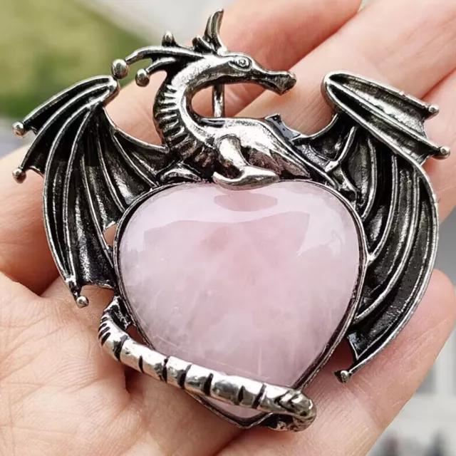 Natural Healing Energy Heart Shape Stone Wing Dragon Pendant Reiki Amulet