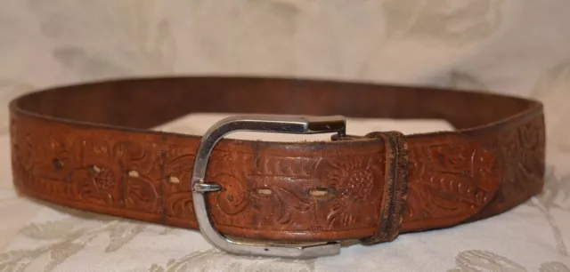 VTG Women's Youth Leather Belt Hand Tooled EUC Length W/ Buckle 34 1/4