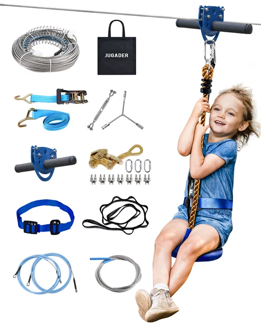 100FT ZIP LINE Kit Backyard Zipline w/ Detachable Trolley, Stainless