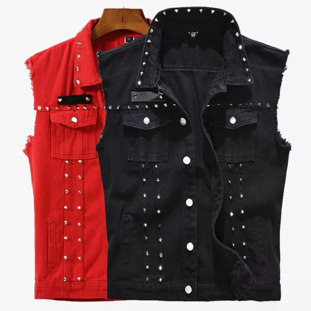 Mens Punk Cool Studded Denim Gilet Sleeveless Biker Jacket Shirt Waistcoat Jeans