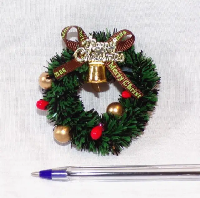 Miniature Dollhouse Merry Christmas Door Wreath Holly Berry Ornament Bell 2.5"