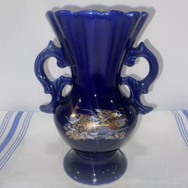 Vintage Japanese Style Cobalt Blue Vase with Handles Peacock and Floral Design 2