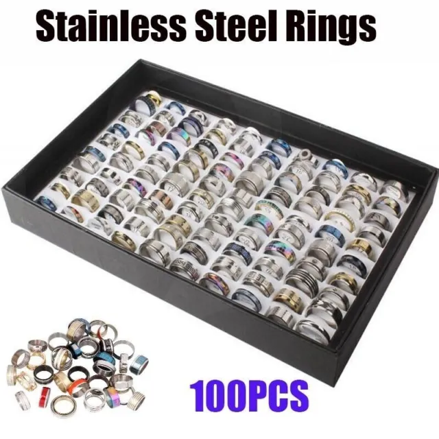 100PCS Mens Silver Mix Stainless Steel Rings Wholesale Jewelry Job Lot Set
