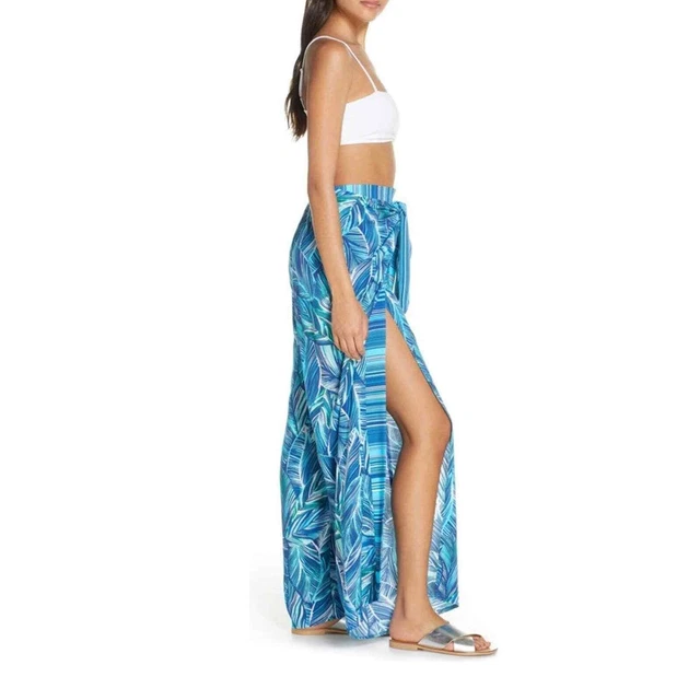 NWT La Blanca Sketched Leaves Side Slit Cover Up Pants in Blue Pool size Medium