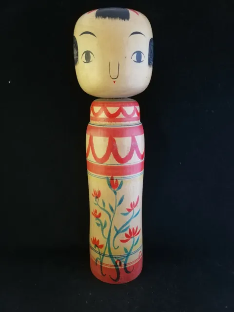 Tall Kokeshi with red flowers - Japanese Wooden Doll - ca. 30 cm