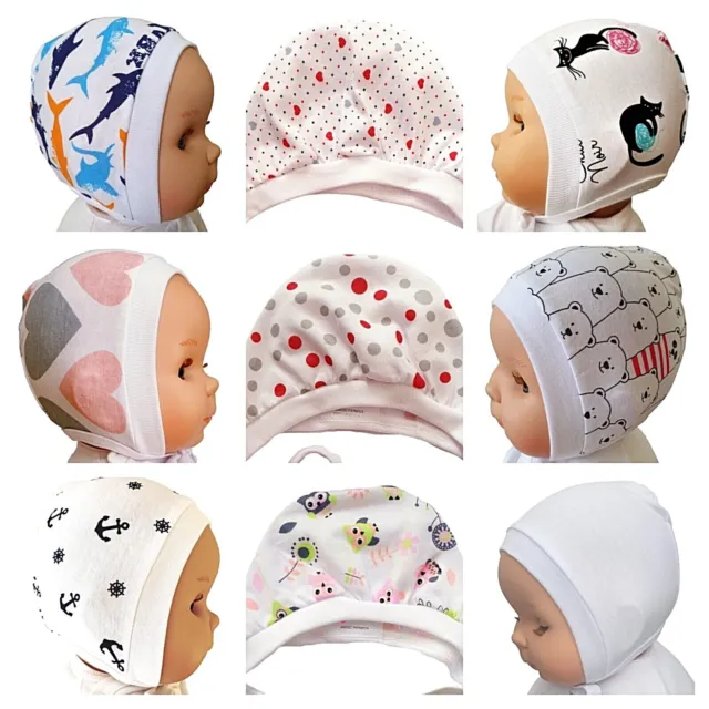 WHITE  Newborn - 12 months  BABY GIRL BOY HATS BONNETS WITH TIES  100% COTTON