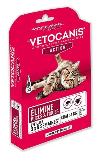 VETOCANIS Spot on, Pipettes Anti-puces et Anti-tiques Chat, 3 pipettes = Protect