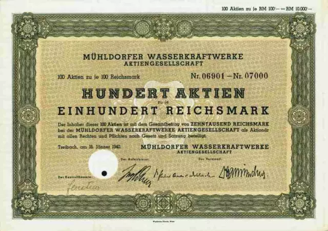 Mühldorfer Wasserkraft 1940 Treibach Chemie Seebach Kärnten E.on rare 10.000 RM