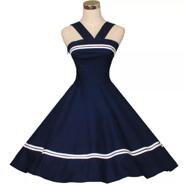 Vintage 50s 60s Retro Rockabilly  Swing Dress Ball Pinup Cotton Dresses Navyblue