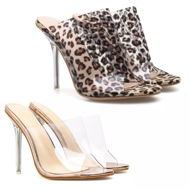 SEXY WOMESN HIGH Heels Leopard Print Perspex Mules Ladies Peep Toe