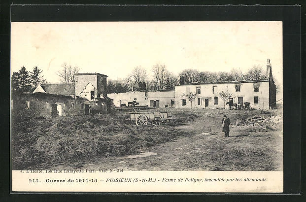 CPA Puisieux, Ferme de Poligny, incendiée par les allemands