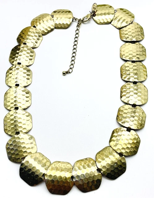 Charming Charlie Signed Hammered Disc Necklace Gold Tone Statement Classic LARP