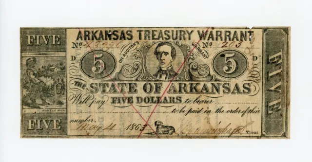 1863 Cr.51F $5 ARKANSAS Treasury Warrant - Rare Print on Stock Certificate!