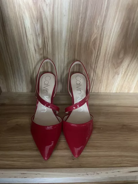 NEW CALVIN KLEIN Women s Kathryn Penny Loafers High Heels Red Sz 5