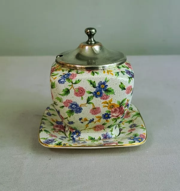 ROYAL WINTON OLD COTTAGE CHINTZ Jam Pot with Silverplate Lid + Under Tray Old!