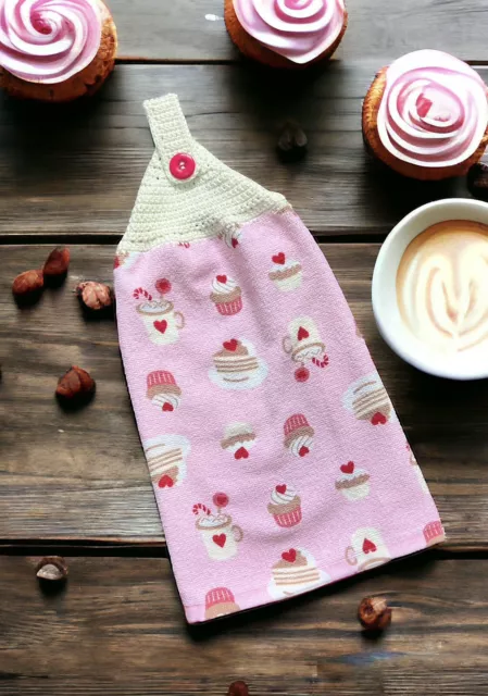 Crochet Tea Towel Topper Pink Cupcakes Hearts Oven Hand Towel Kitchen Camping