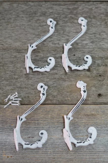 4 Cast Iron White Victorian Style Coat Hooks Hat Hook Rack Hall Tree W/ Screws 3