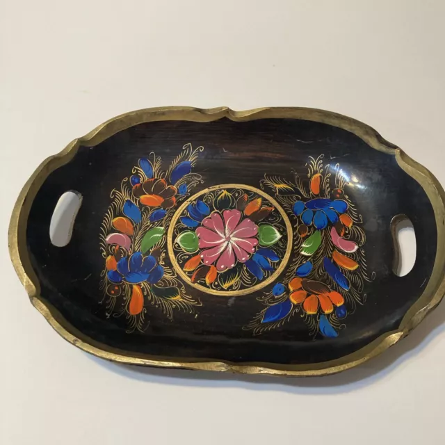 Vintage Mexican Batea Floral Hand Painted Carved Wood Folk Art Oval Serving Tray