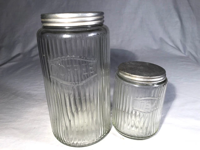 Authentic Hoosier Cabinet Ribbed Glass Coffee & Tea Jars & Original Lids ~ VGUC