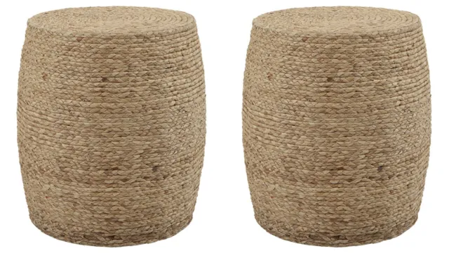 Two Resort Braided Straw Wrap Coastal Style Round Tables Or Stools Uttermost