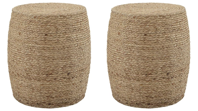 Two Resort Braided Straw Wrap Coastal Style Round Tables Or Stools Uttermost