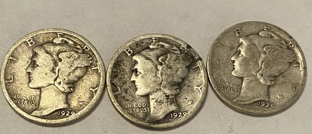 Lot Of 3 1929 Mercury Dimes 90% Silver 10 Cent Coins