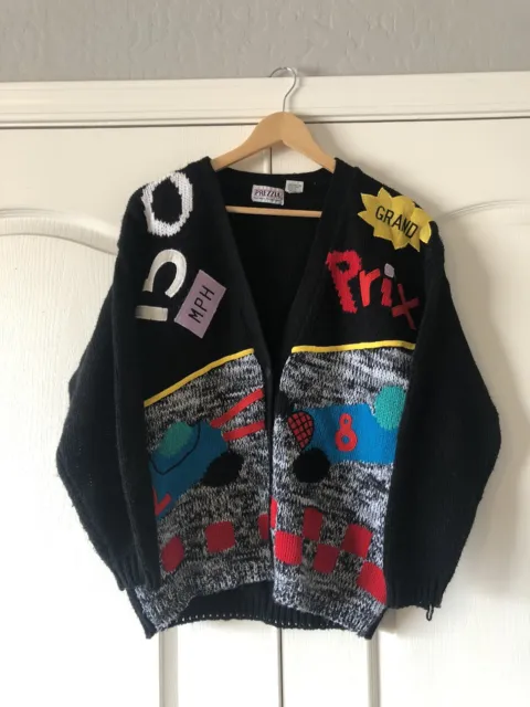 Vtg 80s Prezzia Black Cardigan Sweater Grand Prizm Patches Racing Size Medium