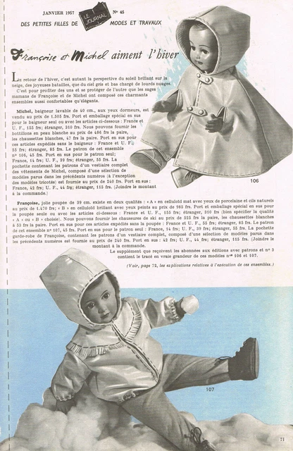 PAGE POUR POUPÉE FRANÇOISE – MAGAZINE MODES ET TRAVAUX DE NOVEMBRE 1978 – PATRON VINTAGE COLLECTOR