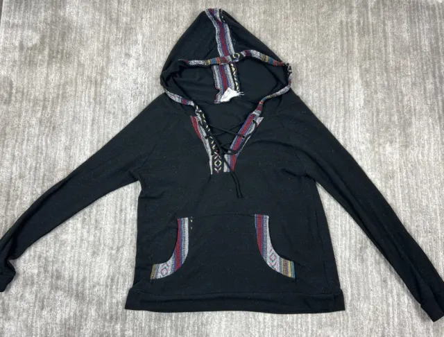 Skonhet Hoodie Womens Large Black Longsleeve Boho Southwestern Trim Sweater