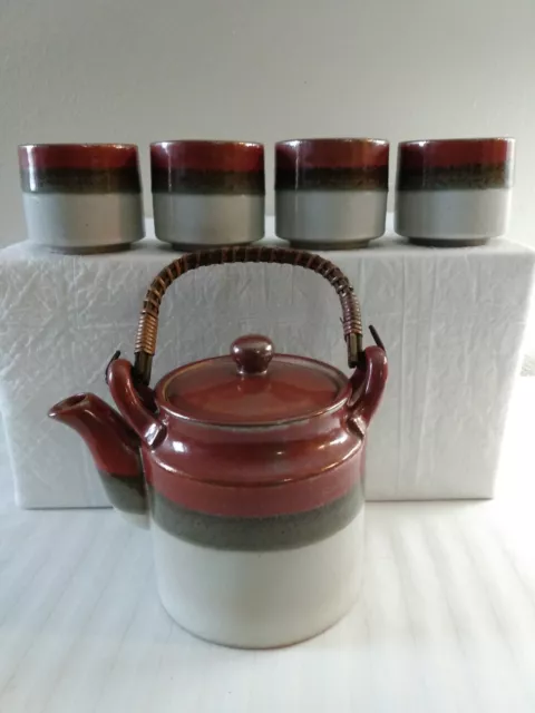 Vintage Otagiri Tea Pot & 4 Cups Stoneware Made In Japan With Bamboo Handle Dark