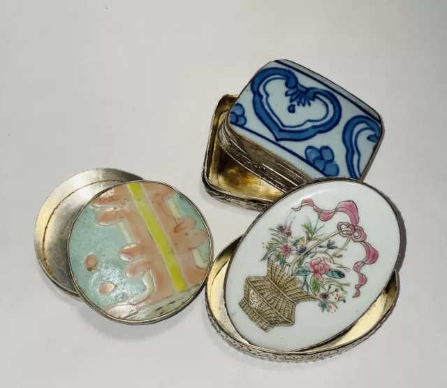 Lot of 3 Antique Porcelain Shard and Repousse Silver Chinese Trinket Boxes