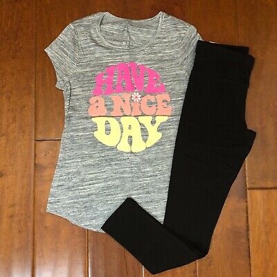 Nwt Justice Girls 8 14 Outfit~"Have A Nice Day" Tee/Blk Full Length Leggings