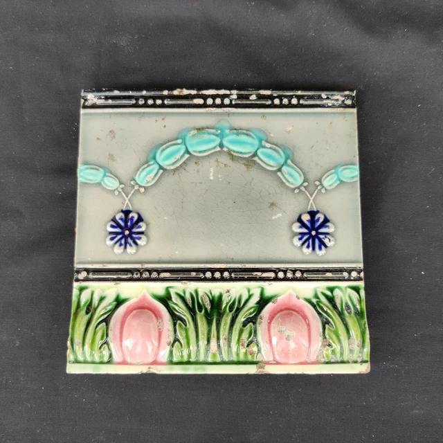 Vintage Garland Design Embossed Nouveau Architecture Furniture Tiles Japan 4Pcs 4