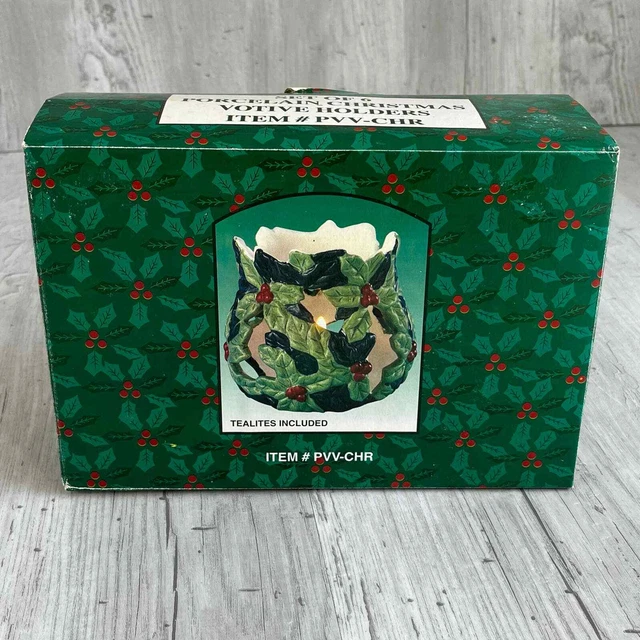 Portavelas vintage de porcelana azulada/votivo de Navidad hojas de bayas de acebo
