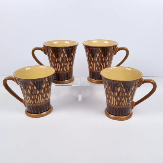 Denby Gatsby Deco Mugs Tea Coffee Cups Brown Yellow Stoneware England  Set of 4
