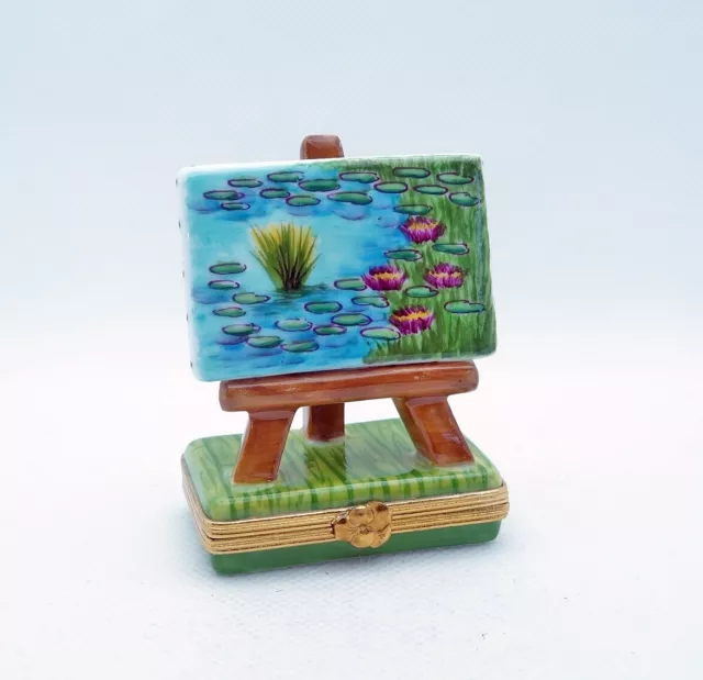 New French Limoges Trinket Box Easel w Monet Waterlily Pond in Giverny Painting