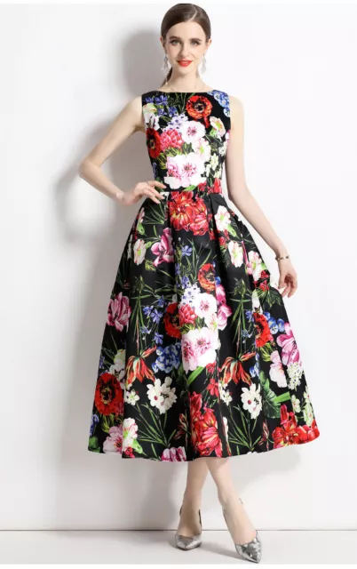 Occident Womens Sleeveless High Waist Floral Printed Dress A-line Skirt Downs